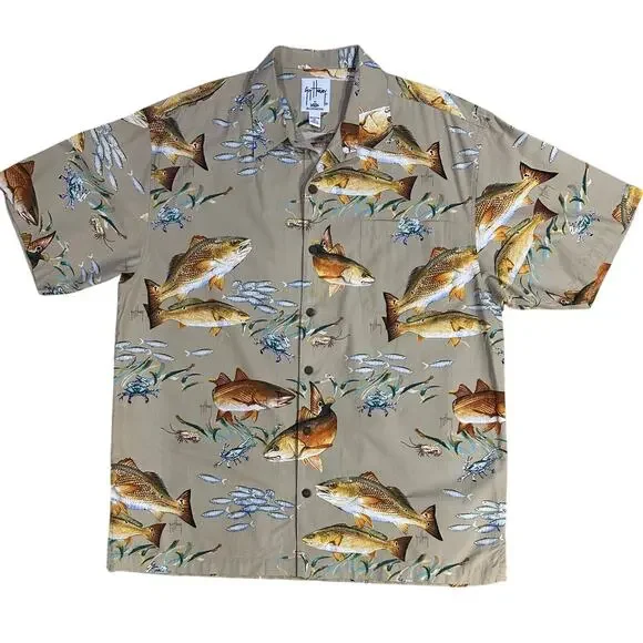 Guy Harvey AFTCO Bluewater Button Up Red Fish Hawaiian Camp Tan Shirt Men’s  XL
